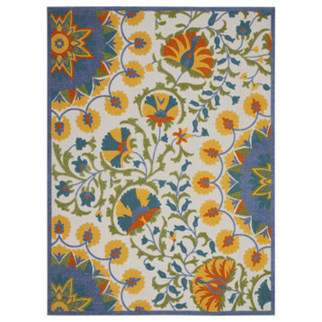 8' X 11' Ivory And Blue Floral Stain Resistant Indoor Outdoor Area Rug