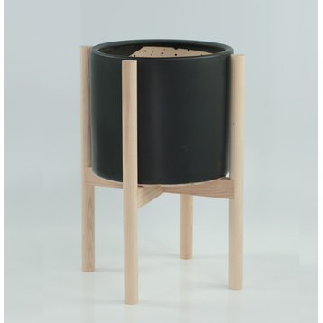 Large Ceramic Cylinder Pot 10" Black With Wood Plant Stand Natural Color