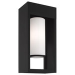 Livex Lighting - Livex Lighting Black 1-Light Outdoor Wall Lantern - The box-like solid brass body of this outdoor wall lantern has a thick frame that houses a satin opal white cylinder glass shade. The black finish give the thick, sturdy frame construction a contemporary look with distinct style.