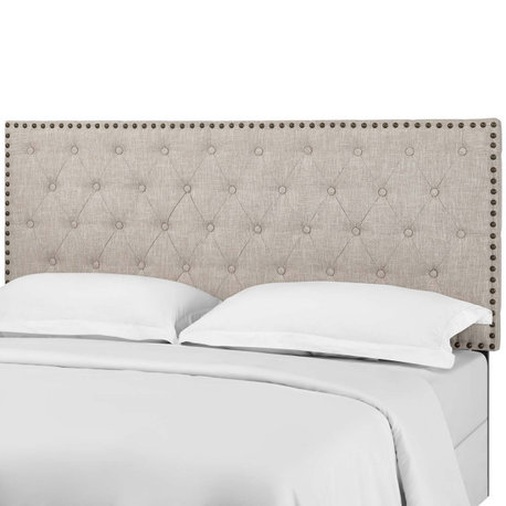 Contemporary Modern Designer Bedroom Twin Size Tufted Headboard, Fabric, Beige