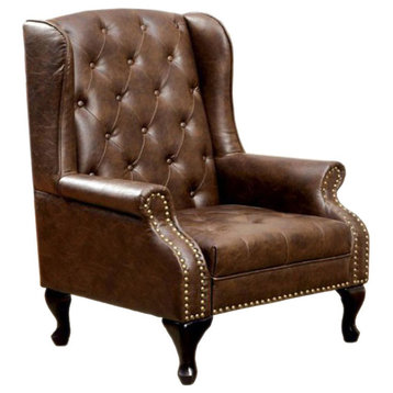 Benzara BM131410 Traditional Wing Accent Chair Nail Head, Rustic Brown
