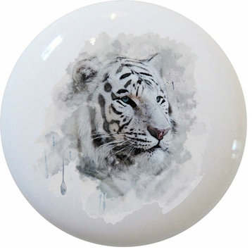 White Tiger Head Watercolor Ceramic Cabinet Drawer Knob