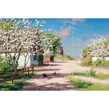Tile Mural Landscape Spring in the Village and Trees in Bloom, Ceramic Glossy