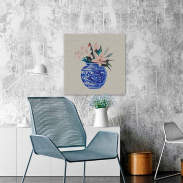 "Peach Flowers in Blue Vase" Painting Print on Wrapped Canvas