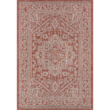 Sinjuri Medallion Textured Weave Indoor/Outdoor, Red/Taupe, 3x5