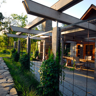 Expansive modern backyard full sun xeriscape in Minneapolis with a vertical garden and natural stone pavers for summer.