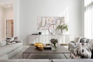 Huge transitional open concept porcelain tile and white floor living room photo in Miami with gray walls and no tv