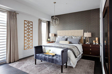 Inspiration for a transitional bedroom in St Louis with multi-coloured walls and dark hardwood floors.