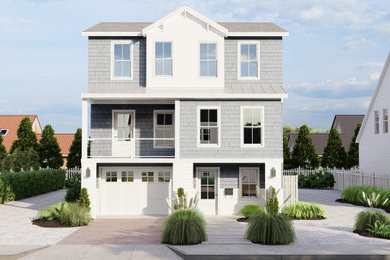 Mid-sized beach style gray three-story wood and shingle exterior home photo in Philadelphia with a metal roof and a gray roof