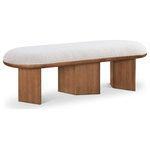 Meridian Furniture - Wilshire Boucle Fabric Upholstered Bench, Cream, Walnut Finish - Immerse your entryway, living room, or bedroom in elegance with our stunning cream Wilshire boucle fabric bench. The rich solid wood walnut finish triple-columnar base not only offers stability but also adds a touch of warmth to the bench's art deco design. Sink into the plushness of this bench, inviting you to relax in comfort and style. Place this pretty bench wherever you need extra seating - it's an ideal blend of form and function.