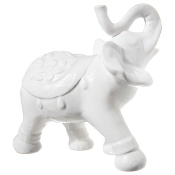 Ceramic Walking Elephant Figurinewith Trunk on High Position Gloss White Finish