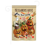 Breeze Decor - Halloween Neighbors Candy 2-Sided Impression Garden Flag - Size: 13 Inches By 18.5 Inches - With A 3" Pole Sleeve. All Weather Resistant Pro Guard Polyester Soft to the Touch Material. Designed to Hang Vertically. Double Sided - Reads Correctly on Both Sides. Original Artwork Licensed by Breeze Decor. Eco Friendly Procedures. Proudly Produced in the United States of America. Pole Not Included.