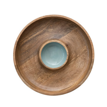 13.75" Round Mango Wood Lazy Susan Server, 2 Sections, Natural, Blue