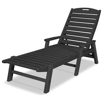 Patio Chaise Lounge, Weatherproof Plastic Frame With Slatted Seat, Black