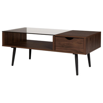 Retro Dark Walnut Coffee Table with Clear Glass Top, Open Shelf, and Side Drawer