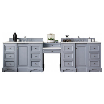 118 Inch Double Sink Bathroom Vanity, Gray, Makeup Table, Solid Surface, Outlets