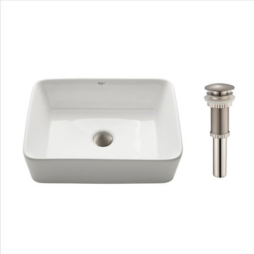 Elavo Ceramic Rectangle Vessel White Sink, PU Drain Satin Nickel