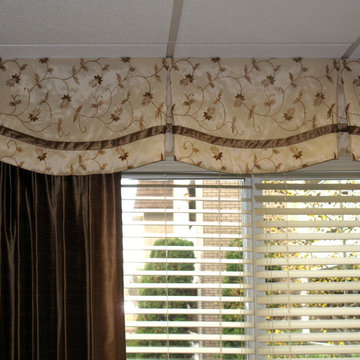 Scalloped Valance & Pinch Pleated Panel over Wood Blinds