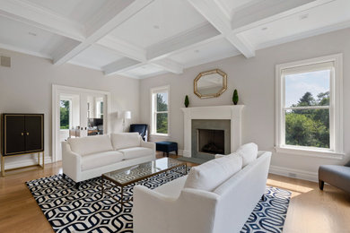 Inspiration for a farmhouse coffered ceiling family room remodel in Philadelphia