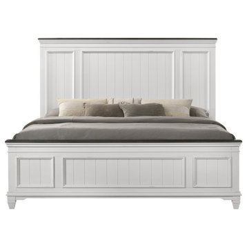 Shiplap Panel King Bed, Nightstand & Dresser With Mirror, Weathered White/Walnut
