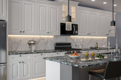 White Cabinets with marble-look porcelain tile backsplash - AFTER