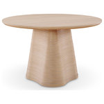 Meridian Furniture - Bernada Dining Table, Natural - Gather your favorite people around this handsome Bernada Natural Dining Table. Made to serve as a backdrop for small, intimate meals, this dining table features a rich natural finish and a fluted base that makes it a true showstopper from every angle. It's made from a combination of solid wood, MDF, and oak veneer, giving it a durable slant that makes it ideal for busy dining spaces. The natural wood grain variation gives this table character, while its midcentury design makes it easy to blend nicely with existing modern and traditional decorative settings.