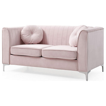 Contemporary Loveseat, Chrome Legs and Pink Velvet Upholstery With Channel Back