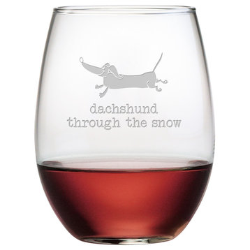 "Dachshund Through the Snow" Stemless Wine Glasses, Set of 4
