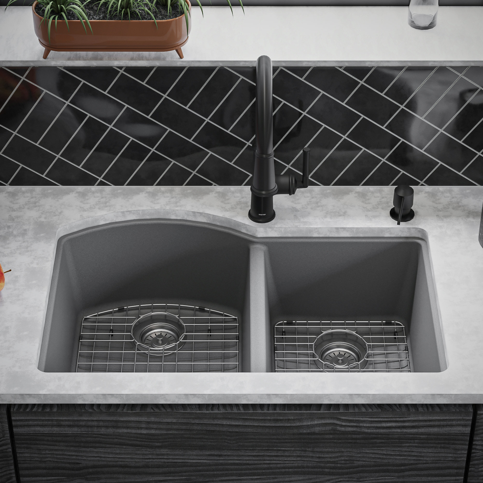 Karran Undermount Quartz 32" 60/40 Double Bowl Kitchen Sink Kit, Grey