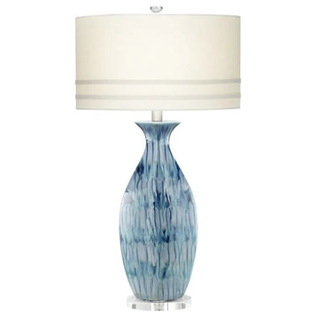 Contemporary Table Lamp, Unique Hand Painted Blue Ceramic Body & On/Off Switch