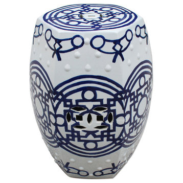Blue and White Chinese Porcelain Garden Stool Line Patterned 19"