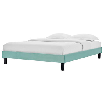 Platform Bed Frame, Queen Size, Velvet, Blue, Modern Contemporary, Bedroom