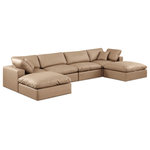 Meridian Furniture - Comfy Upholstered U-Shaped Modular Sectional, Tan, 6-Piece: 2 Armless Chair, 2 Corner Chair, 2 Ottoman, Vegan Leather - Give your space a whole new look with this tan Comfy vegan leather sectional. This handsome sectional fits nicely with other items in the Comfy collection and is a versatile seating option designed for adaptability, comfort and style. Wrapped in rich tan durable vegan leathered upholstery, this sectional offers a plush embrace of overstuffed down feather cushions, carefully crafted to deliver the highest level of comfort. The perfect seat for creating an oasis for relaxation, this sectional has thick foam surrounding its frame for added support and coziness.