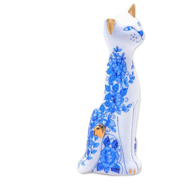 NOVICA Regal Cat And Gilded Porcelain Vase