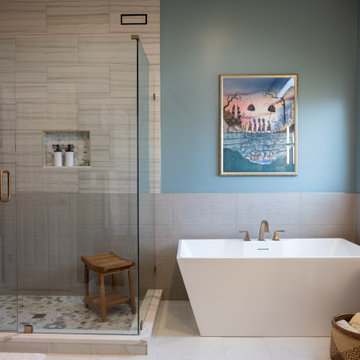 Spa Like Primary Bathroom Remodel with Warm Wood & Brass Details