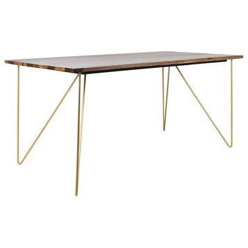 Contemporary Dining Table, Brass Finished Metal Legs With Walnut Wooden Top