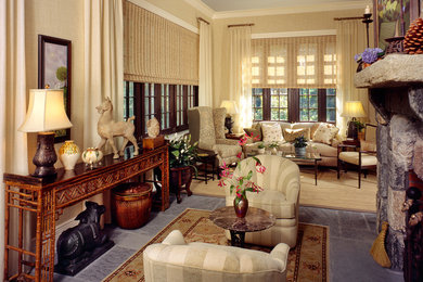 Large transitional slate floor sunroom photo in New York with a standard fireplace, a stone fireplace and a standard ceiling
