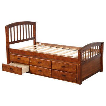 Twin Size Wood Platform Bed with 6 Storage Drawers, Walnut