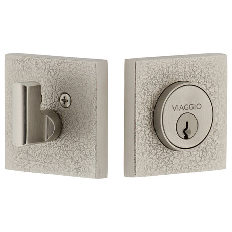 Quadrato Leather Rosette Single Cylinder Deadbolt, Satin Nickel