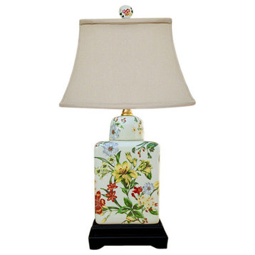 Chinese Floral Pattern Porcelain Tea Caddy Table Lamp 18"