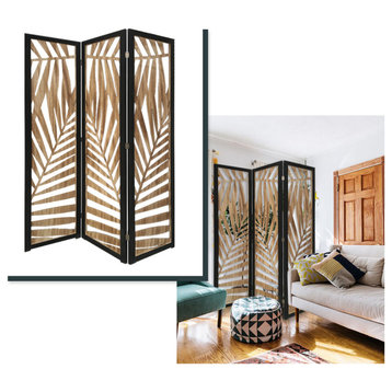 HomeRoots 3 Panel Room Divider With Tropical Leaf Design