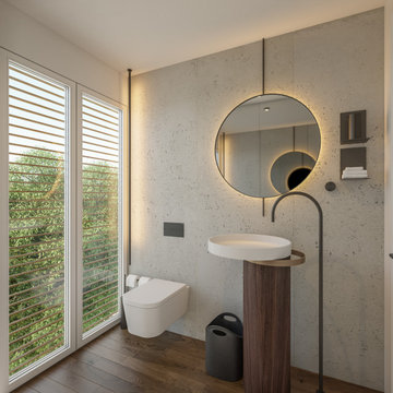 Oeiras bathroom render with column basin and backlit round mirror