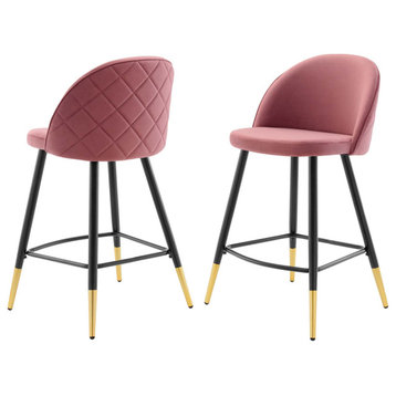 Counter Stool Chair, Set of 2, Velvet, Metal, Pink, Modern, Bar Pub Cafe Bistro