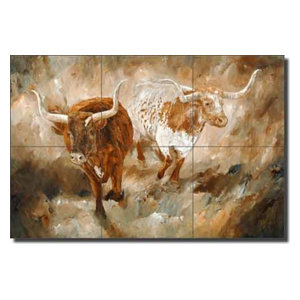 Kitchen Shower Backsplash Longhorn Steer Ceramic Tile Mural 30 x 24 Cool Clear Water by Kathy Winkler