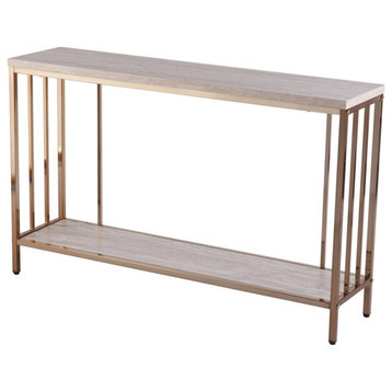 Maklaine Engineered Wood Faux Stone Top Console Table in Champagne and White