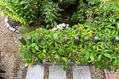 Design ideas for a small french country drought-tolerant and full sun front yard stone and wood fence flower bed in Boston for summer.