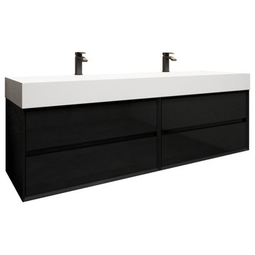 MAX 72" Double Floating Bath Vanity With Acrylic Sink, Gloss Black