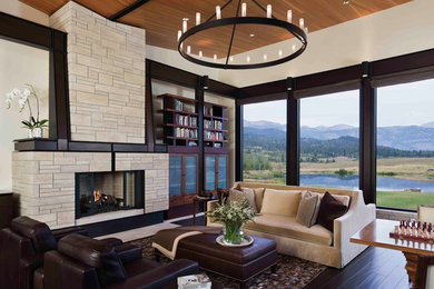 This is an example of a mid-sized contemporary formal open concept living room in Other with a stone fireplace surround, white walls, dark hardwood floors, a standard fireplace, no tv and brown floor.
