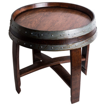 Banded Wine Barrel Side Table With Cross-Braces, Red Mahagony Finish