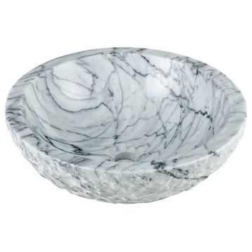 Round, Italian White Carrara Marble Vessel Sink With Rough Exterior